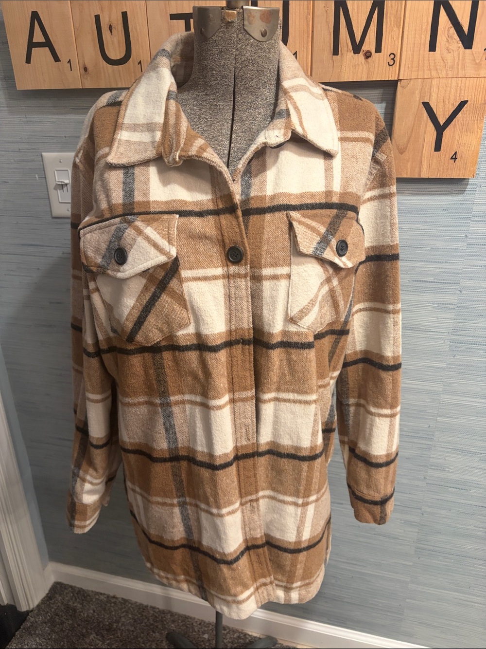 Thread & Supply Oversized Plaid Utility Jacket in Cream and Brown